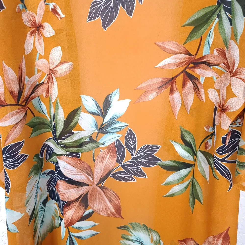 L&B Sheer Floral Kimono Cardigan – Orange Green Boho Resort Style – Small - Picture 9 of 9